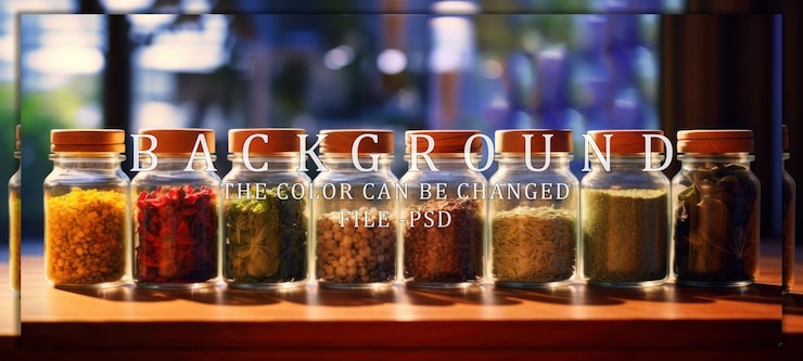 PSD eight glass jars filled with dried herbs and spices