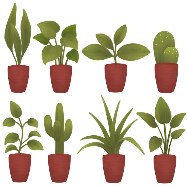 Eight green plant in a red-brown pot color painting elements