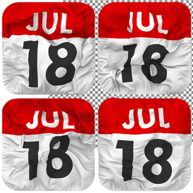 PSD Восемнадцатого 18 июля. дата календаря. изолированная икона календаря. четыре развевающихся стиля. текстура 3d-рендеринга.