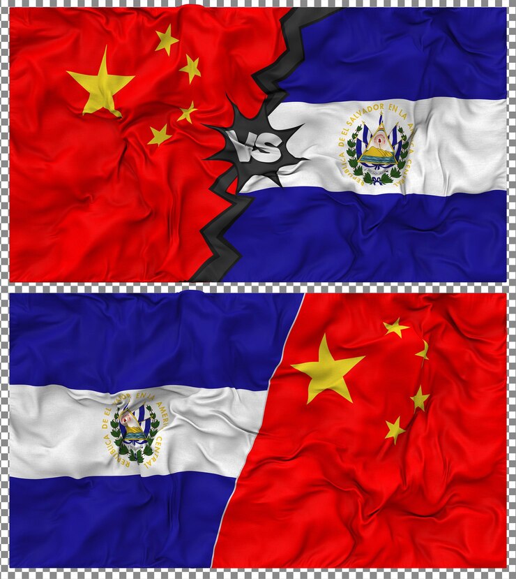 PSD el salvador vs china half combined flag cloth bump texture 3d rendering