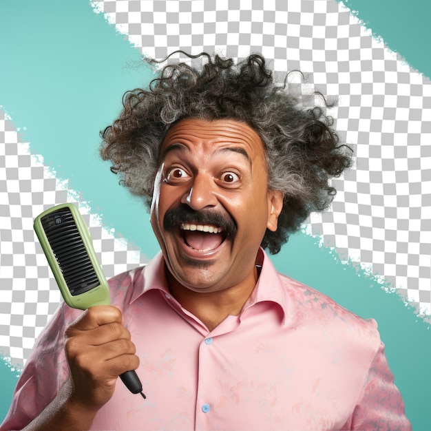 PSD a elated middle aged man with kinky hair from the hispanic ethnicity dressed in camera operator atti