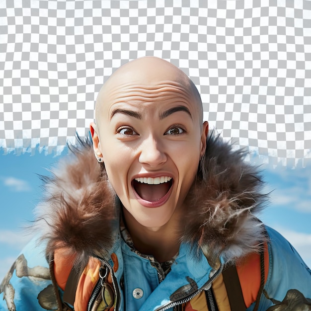 A Elated Young Adult Woman with Bald Hair from the East Asian ethnicity dressed in Photographing wildlife attire poses in a Close Up of Eyes style against a Pastel Sky Blue background