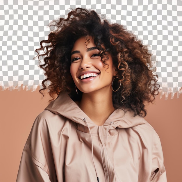 PSD a elated young adult woman with kinky hair from the scandinavian ethnicity dressed in choreographer attire poses in a sideways glance style against a pastel cream background