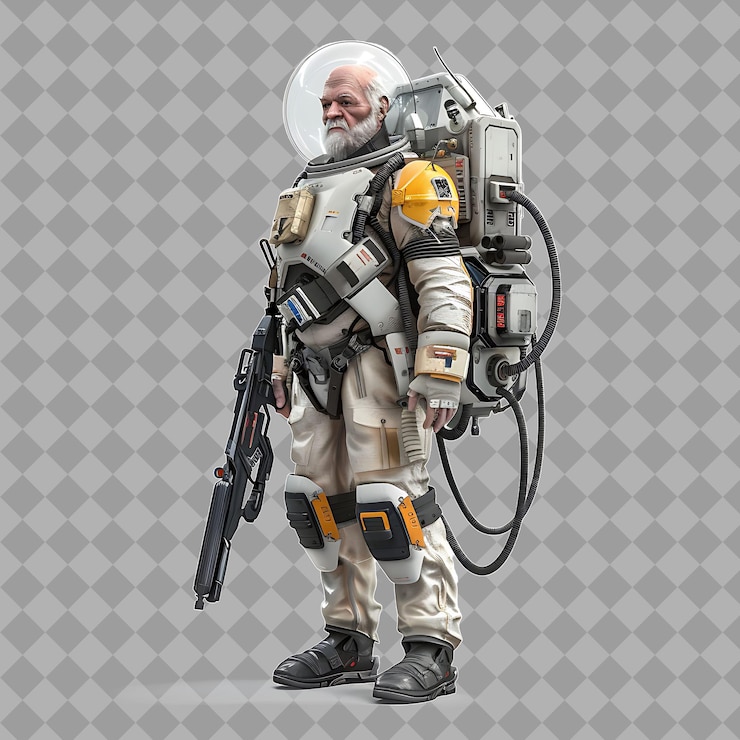 PSD elderly alien space explorer with slender form advanced spac isolated high quality character render