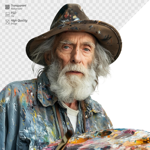 PSD elderly artist with a colorful palette and paintsplattered hat