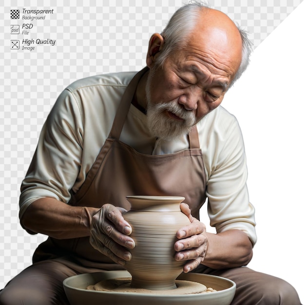 PSD elderly asian man meticulously shapes pottery on wheel