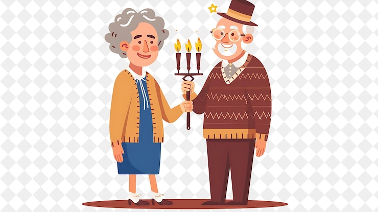 PSD ハヌッカを祝う年配の夫婦 デザインは世界の伝統的なフラットイラストフェスティバルです