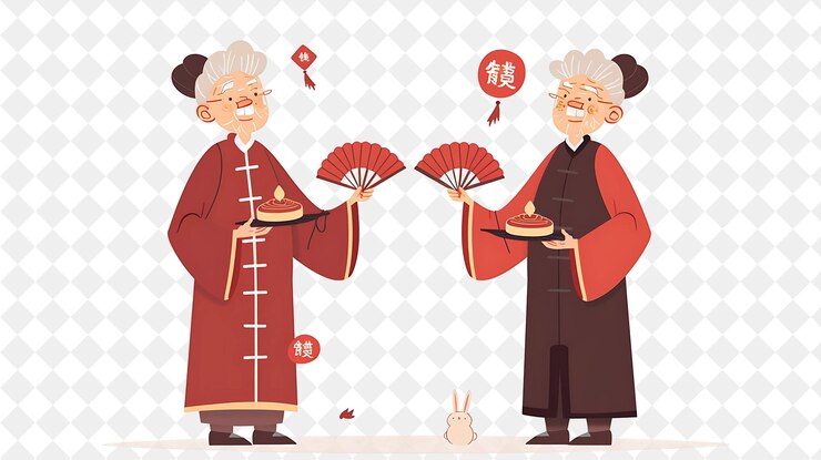 PSD elderly couple celebrating moon festival design is serene an flat illustration festival of the world