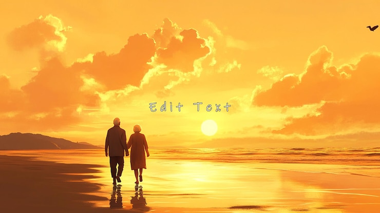 PSD elderly couple holding hands walking on beach at sunset 2