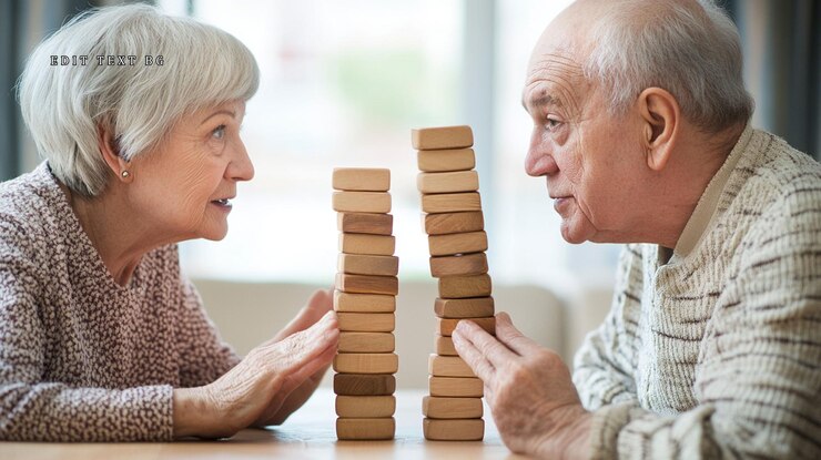PSD elderly couple playing a strategic block stacking game focused and engaged