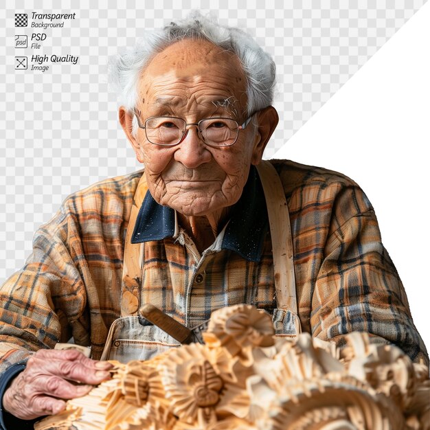 PSD elderly craftsman creating intricate wood carvings in his workshop