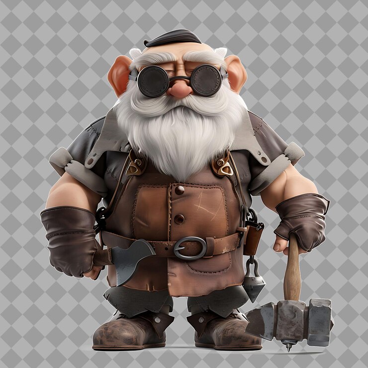 PSD elderly dwarf blacksmith with stout form leather apron hamme isolated high quality character render