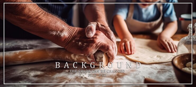 PSD elderly man and child making dough together