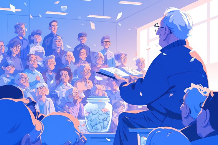 PSD an elderly man in glasses reads from a book to a large audience with a jar of paper slips on the floor in front of him