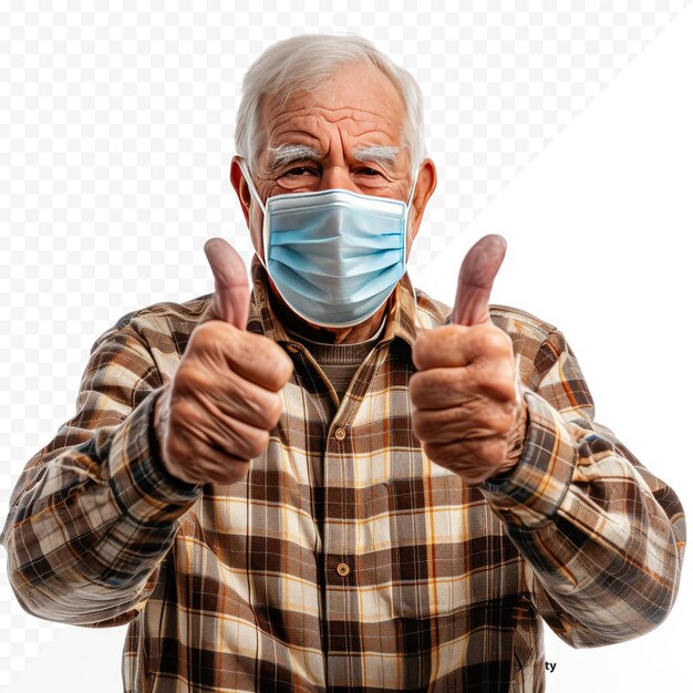 Elderly man wearing face mask showing thumbs up sign