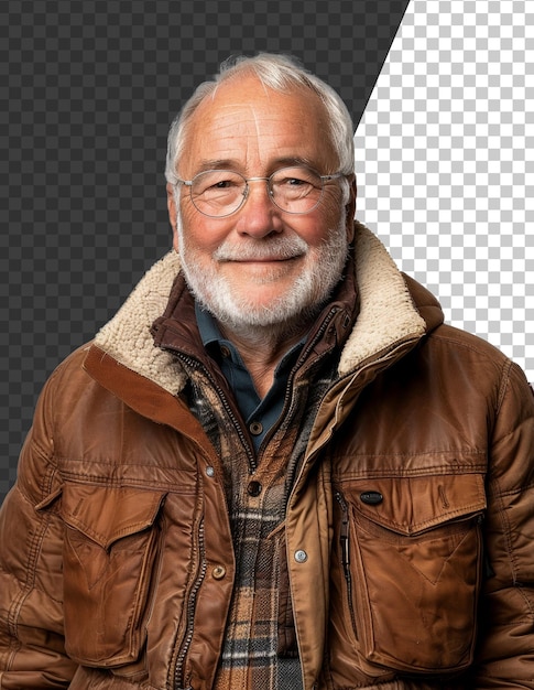 PSD uomo anziano con un'espressione gentile che indossa una giacca calda su uno sfondo trasparente