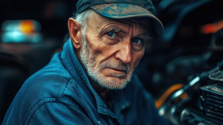 PSD elderly mechanic working on a vehicle