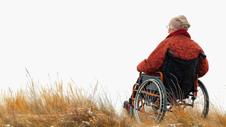 PSD an elderly person in a wheelchair enjoying a quiet moment in a field during autumn surrounded by tall grass and soft light