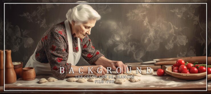 PSD elderly woman baking in rustic kitchen