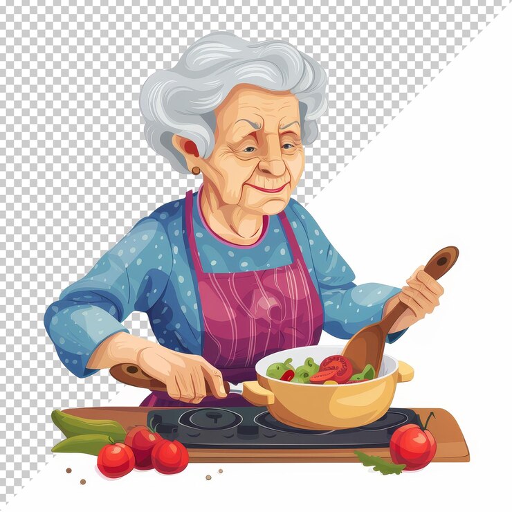 PSD an elderly woman cooking a vegetable dish with fresh tomatoes and greens in a cozy kitchen setting