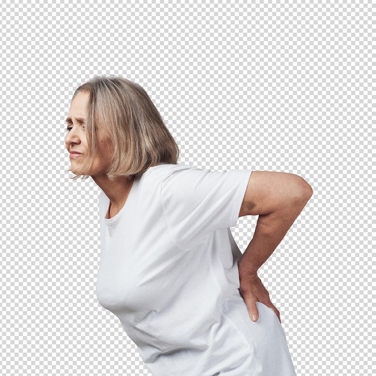 PSD elderly woman experiencing back pain holding her lower back in discomfort