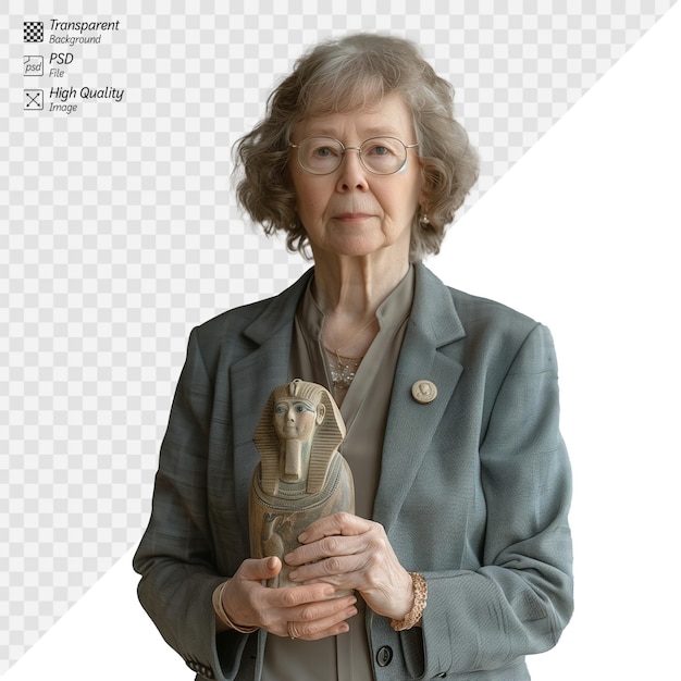 PSD elderly woman holding an egyptian artifact