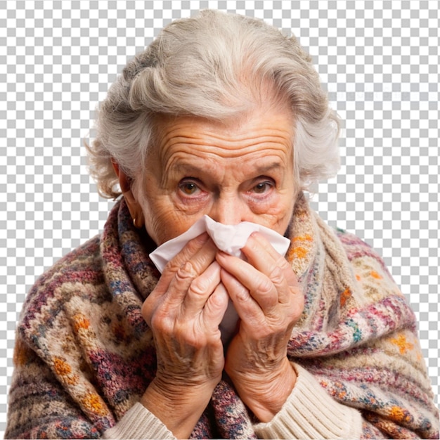 An elderly woman in a knitted shawl blowing her nose on transparent background