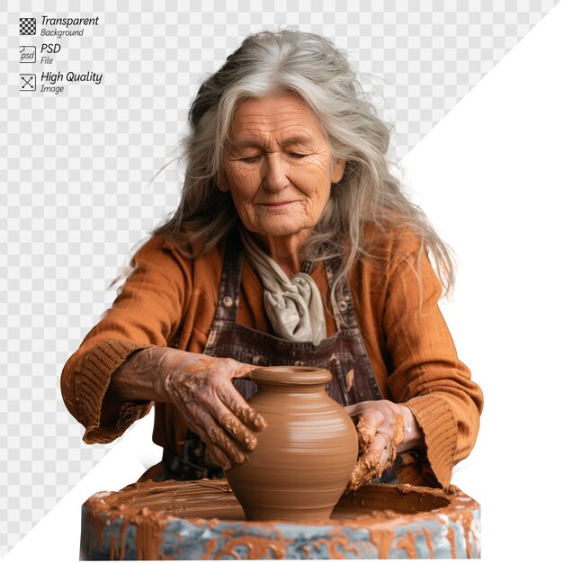 PSD elderly woman skillfully shaping pottery on a wheel