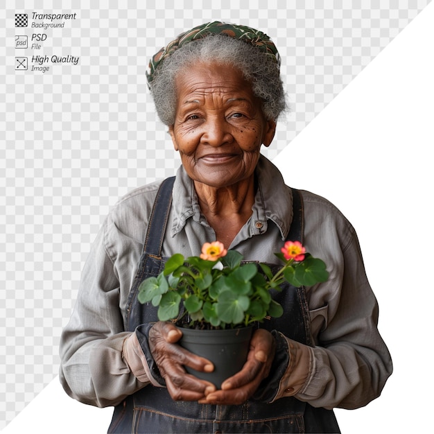 PSD elderly woman smiling while holding a potted plant