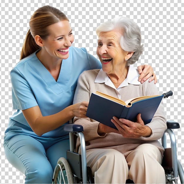 an elderly woman and a young woman laughing and smiling together on transparent background