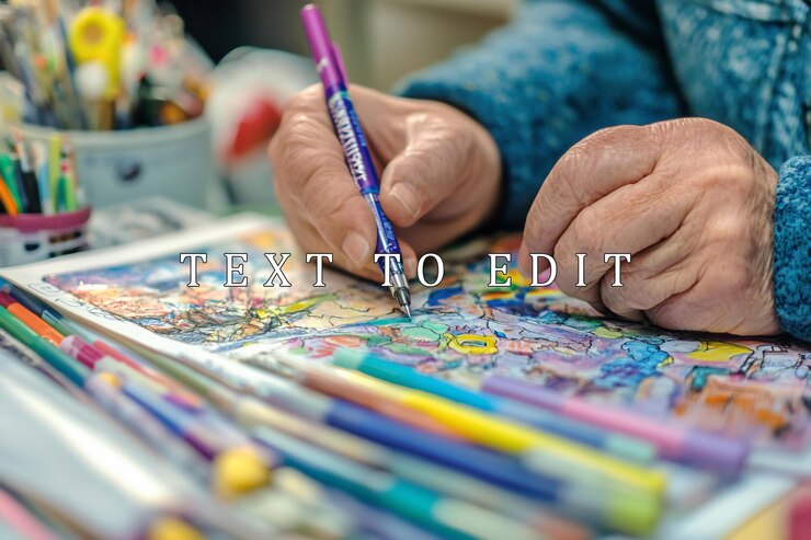 PSD elderly womans hands coloring a detailed illustration with colorful pens