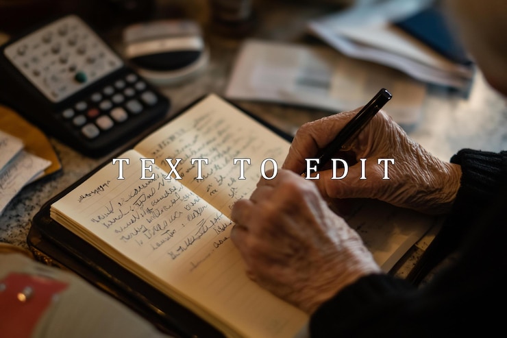 PSD elderly womans hands writing in a notebook closeup view