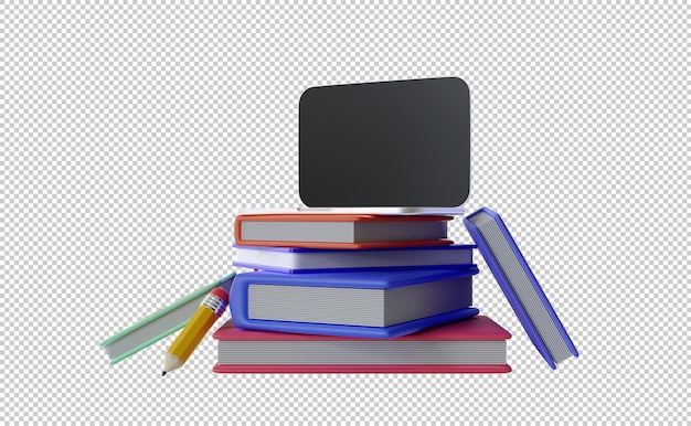 Computer portatile di concetto di elearning in cima a pile di illustrazione 3d del libro