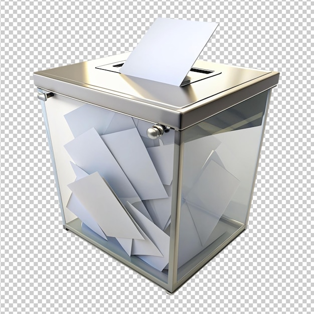 PSD electoral ballot box with papers insi on transparent background