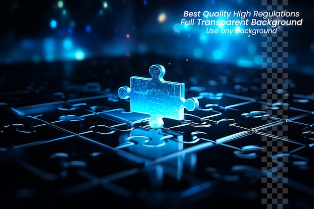 PSD electric blue puzzle glowing hologram on dark blur on transparent surface