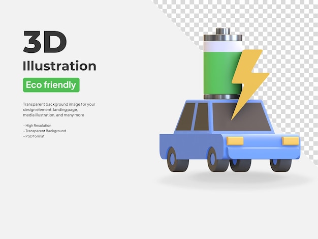 PSD 전기 자동차 배터리 전원 아이콘 친환경 차량 기호 3d 렌더링 그림