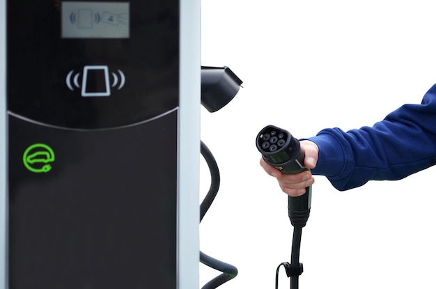 Electric car charging station closeup of hand Isolated on white background