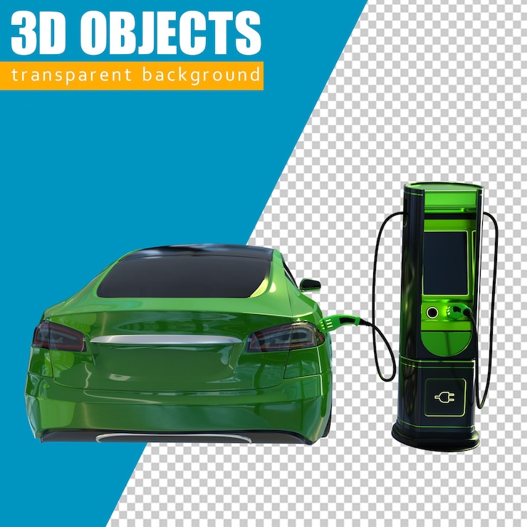 PSD 充電站的電動車. 電動車電源線路插入汽車充電站展位未來現代技術充電電力.