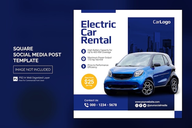 Electric car social media instagram post or square web banner advertising template