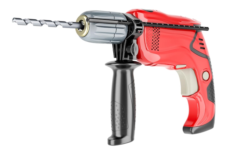 PSD electric drill with drill bit 3d rendering isolated on transparent background