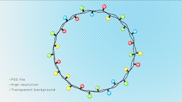 Electric garland round frame with shine colored bulbs on a transparent background 3d render