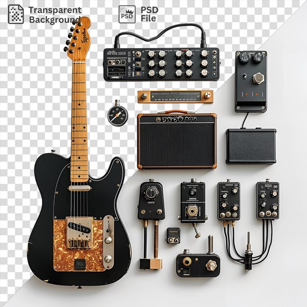 PSD electric guitar and pedals set up on a transparent background