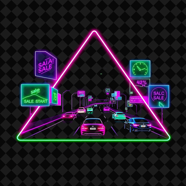 PSD electric neon highway landscape in a silhouette triangle with neon lit billboards announcing sales