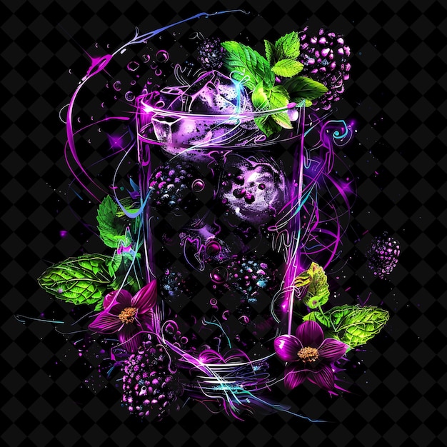 PSD mojito elettrico di mirtillo viola con foglie di menta confuse di colore neon cibo bevanda collezione y2k