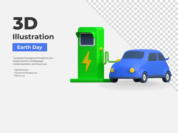 PSD 电动汽车充电站图标地球日 3d 插图