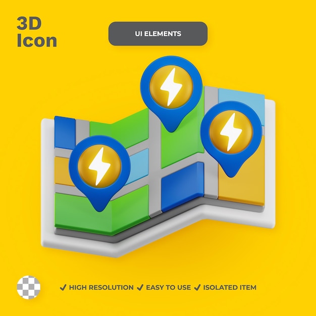 Electric vehicle charging point map icon ui elements in 3d render