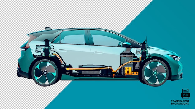 Electric vehicle cross section with visible battery and technology