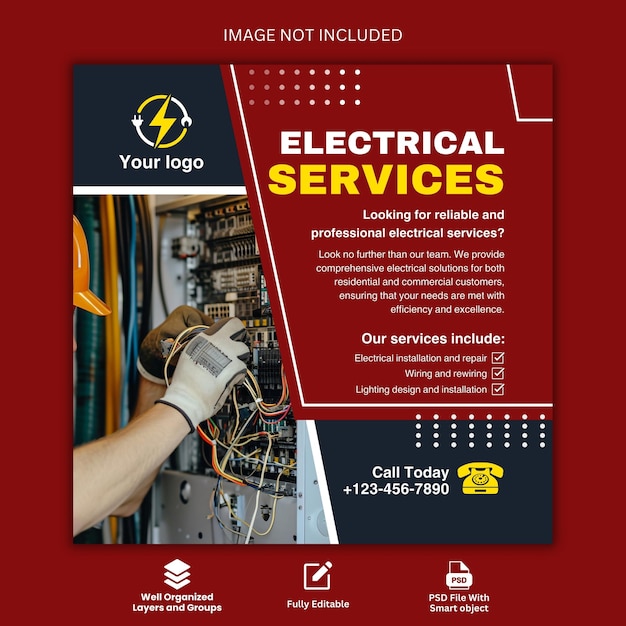 Electrician and electrical service square flyer and Instagram social media post template
