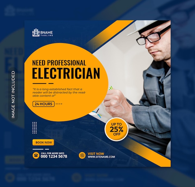 PSD electrician or electrical service square flyer or instagram social media post template