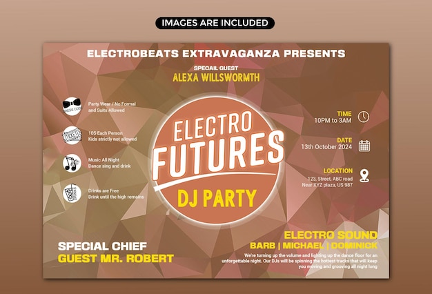 Электронная танцевальная вечеринка и музыкальная вечеринка в стиле электро фьючерс, креативный дизайн флаера, шаблон дизайна флаера